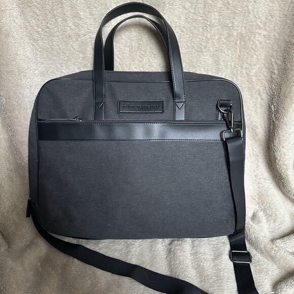 John Varvatos Weekender Laptop Messenger Bag Carryon Vinyl Travel Black Gray - Picture 1 of 8